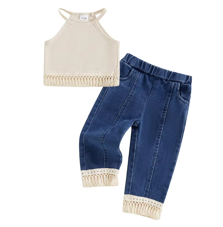 Julia Tassel Crop Top Elastic Waist Denim Pants Set