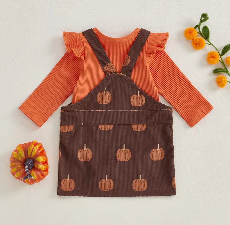 Ruby Romper and Pumpkin Printed Overall Skirt Set