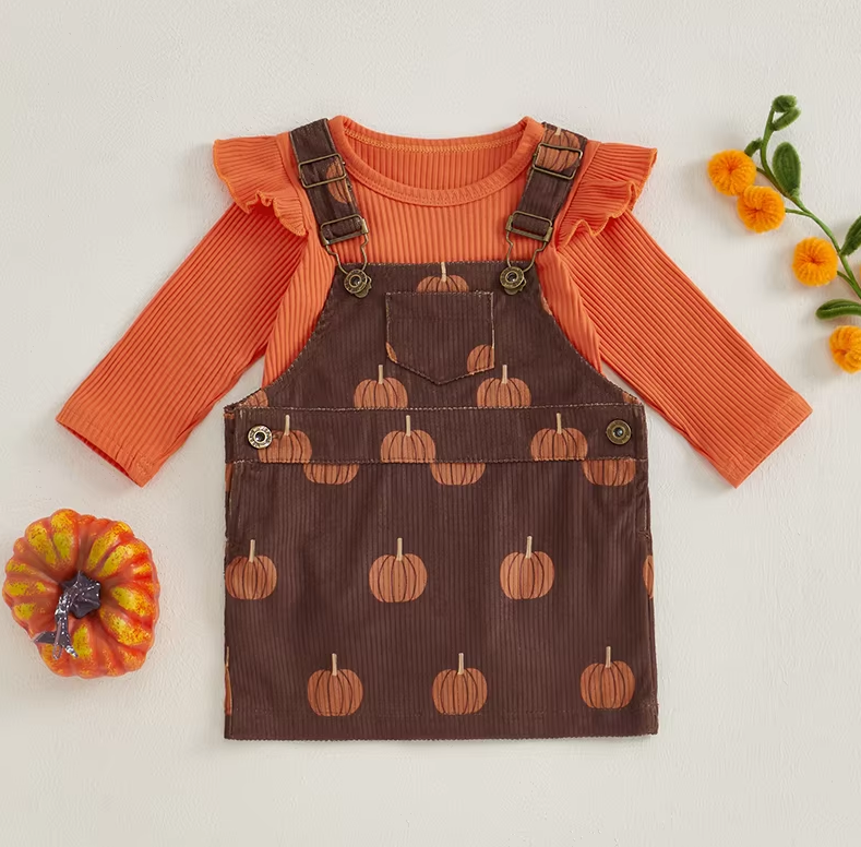 Ruby Romper and Pumpkin Printed Overall Skirt Set