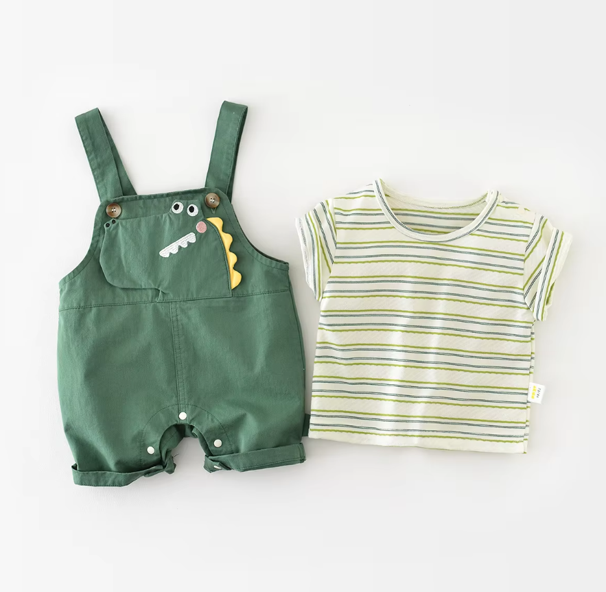 Cutie Baby Dinosaur Overall Stripe Tee Set