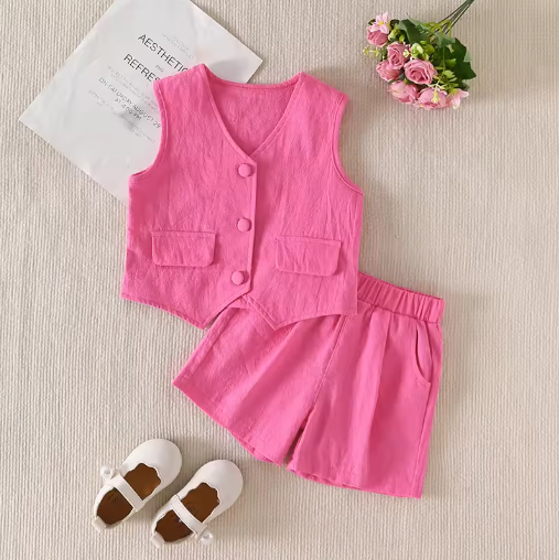 Little Girl Casual V-neck Button Vest with Matching Elastic Waist Shorts