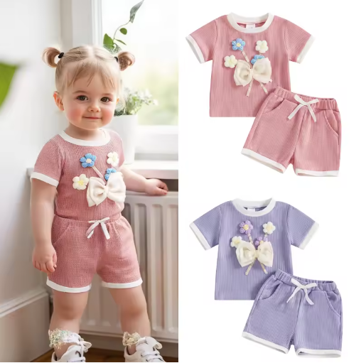 Khloe 3D Bow Flower Embroidery T-shirt and Shorts