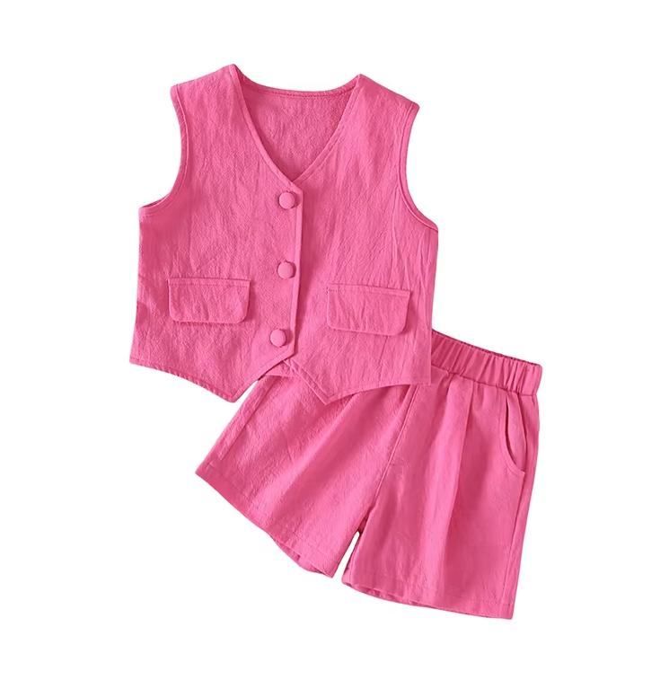 Little Girl Casual V-neck Button Vest with Matching Elastic Waist Shorts