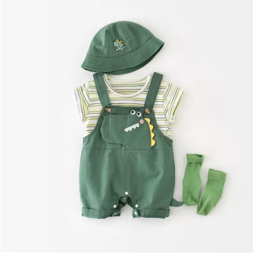 Cutie Baby Dinosaur Overall Stripe Tee Set