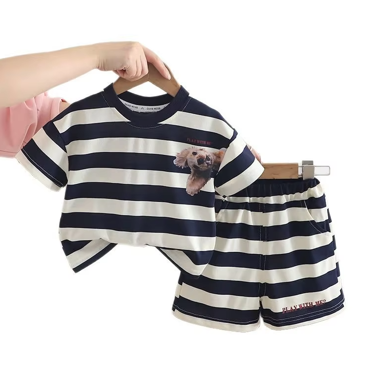 Dog Print Striped T-shirt Shorts Kids