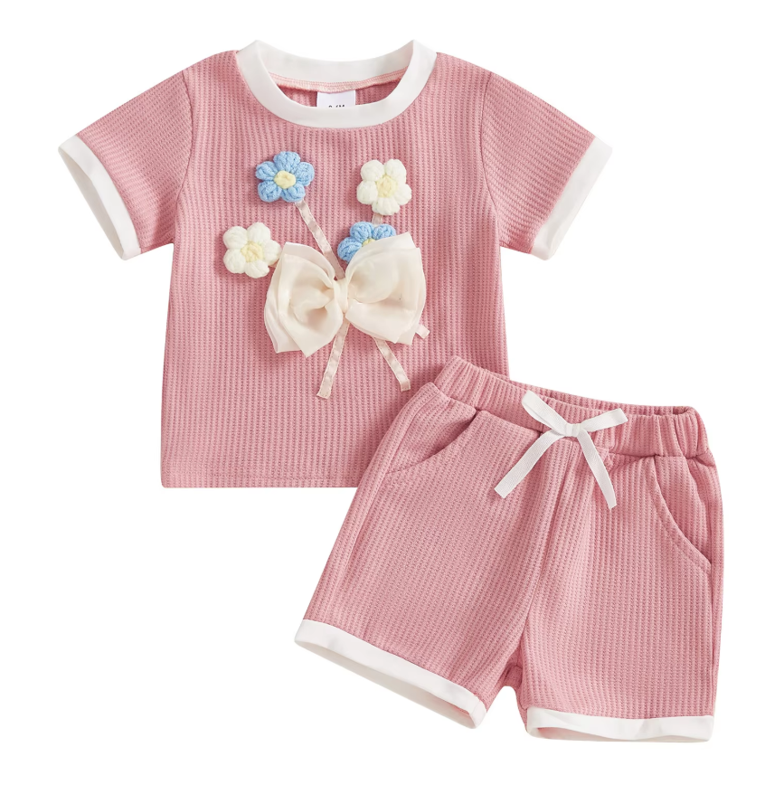 Khloe 3D Bow Flower Embroidery T-shirt and Shorts