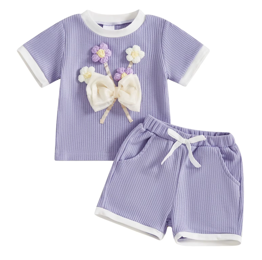 Khloe 3D Bow Flower Embroidery T-shirt and Shorts