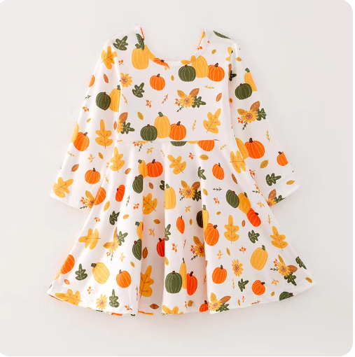 Leafy Pumpkin Print Long-Sleeved Dress