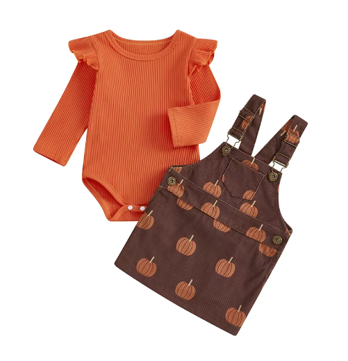 Ruby Romper and Pumpkin Printed Overall Skirt Set