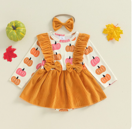 Reese Pumpkin Printed Jumpsuit Romper and Headband