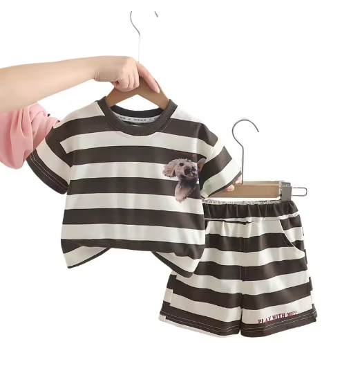 Dog Print Striped T-shirt Shorts Kids