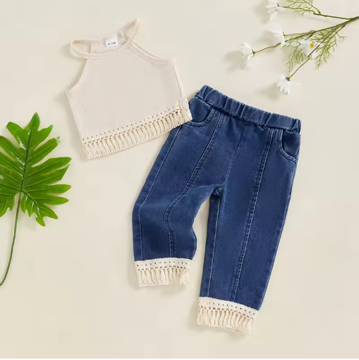 Julia Tassel Crop Top Elastic Waist Denim Pants Set